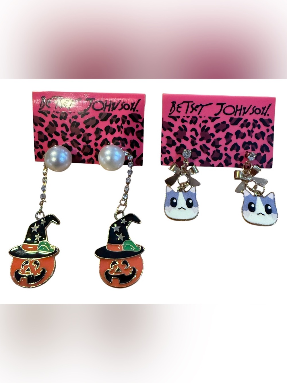 Betsey Johnson Earrings Lot 2 NWT Pumpkin Witch Hat Gray Cat Dangle